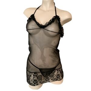 Lingerie Size S/M Black Mesh W/Lace Trim Matching G String. New With Tags.